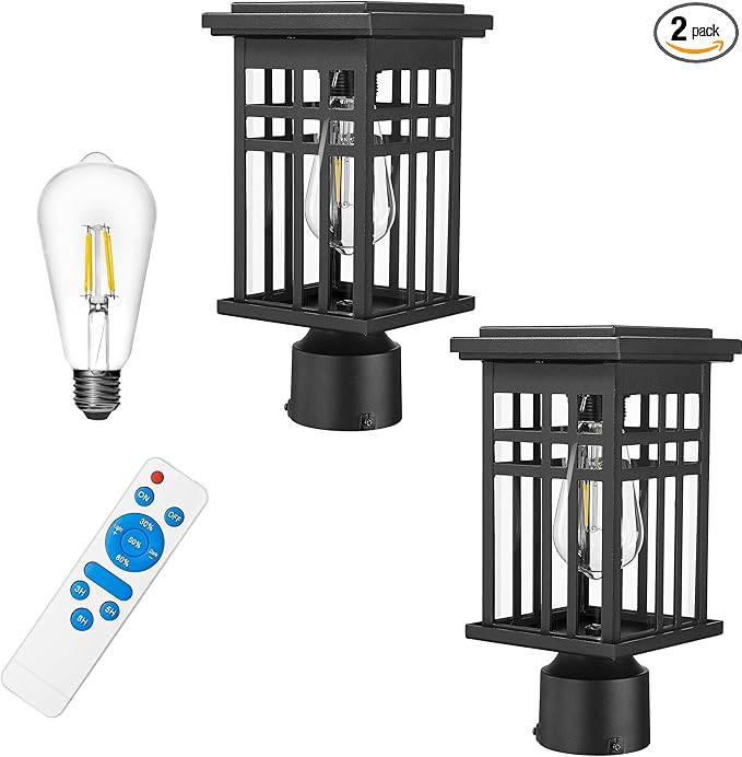 Dusk to Dawn Solar Outdoor Post Light HWH 2 Pack Solar Post Lights for Yard Garden Patio Pole Lamps Post with Remote Clear Glass Shade 5HD36P-2 SL BK