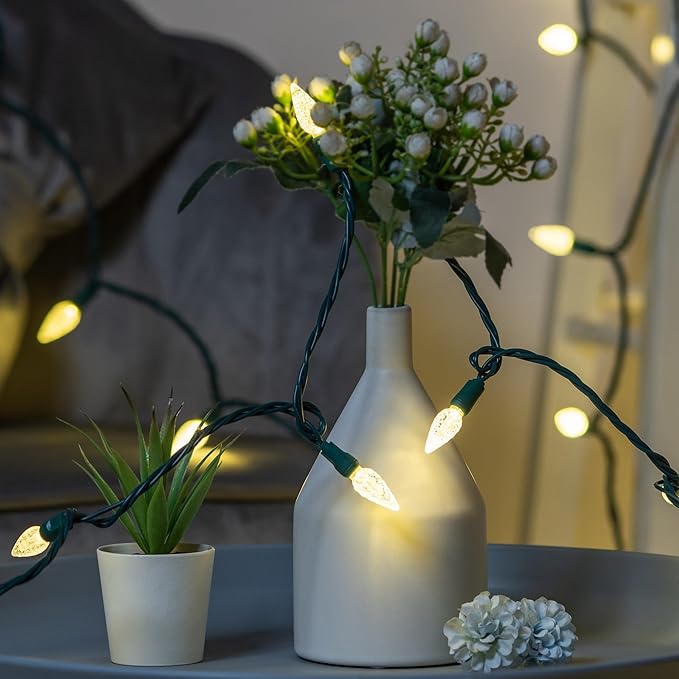 140 Warm White Strawberry One-Piece LED Christmas Lights Pack of 2 Strands 70 Count 36 ft High Waterproof UL Certified C6 Outdoor String Lights (Warm White - Green Cord)