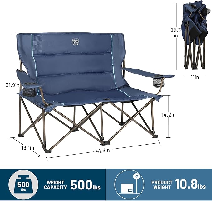 Timber Ridge 2 Person Folding Loveseat Comfortable Double Foldable Camping Chair Folding Lawn Chairs for Outside Blue