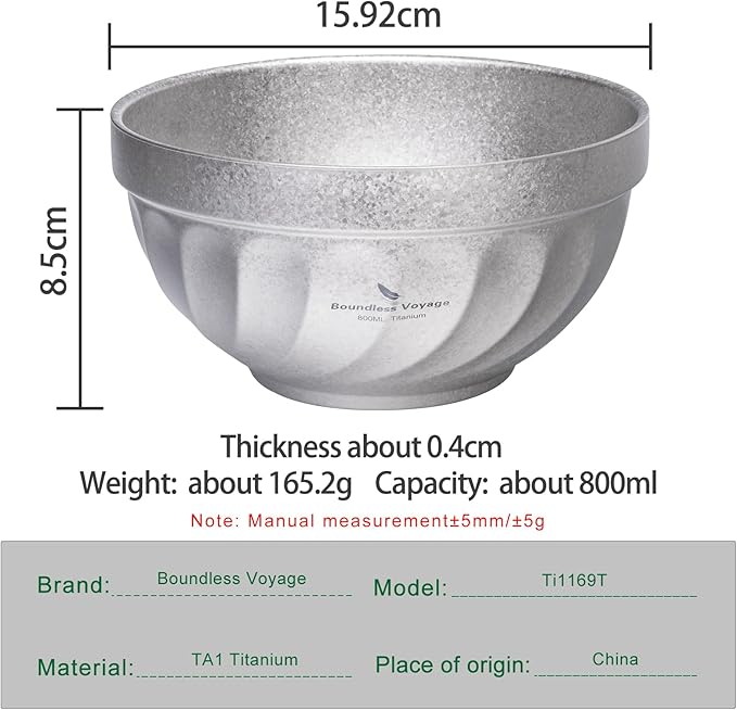 iBasingo 800ML Titanium Bowl Double Wall Insulated Camping Bowl for Soup Rice &amp Food Ultralight Portable &amp Durable Metal Tableware Outdoor Hiking Backpacking - BPA-Free Non-Toxic (Silver)