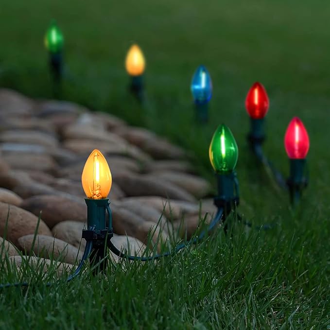 SUNSGNE 25 Feet Multicolor Christmas Lights C7 LED Outdoor Vintage Christmas Lights with 27 LED Clear Colored Bulbs(2 Spare) for Patio Porch Roofline Decorations- Green Wire