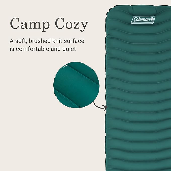 Coleman Inflatable Sleeping Pad Soft &amp Comfortable with Brushed Knit Surface Easy Inflatation Lightweight Green