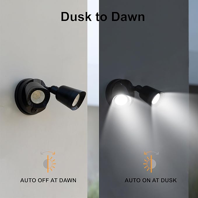 LED Flood Lights Outdoor 16W 1900LM IP65 Waterproof Dusk to Dawn Dual Head Security Lights Exterior Wall Light for House Patio Garage Yard-Black (1 Pack)