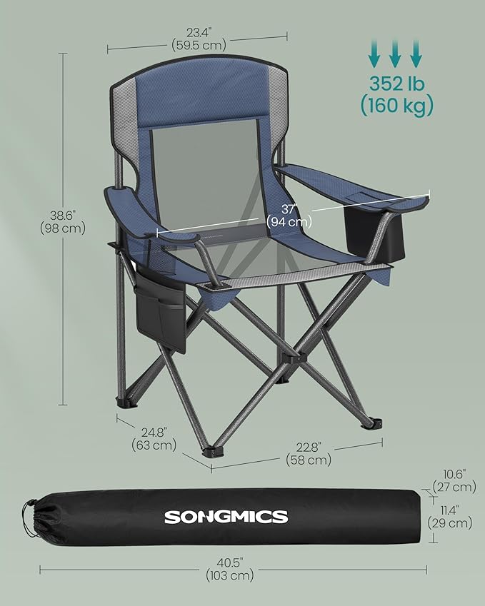 SONGMICS Camping Chair Folding Oversized Chair Comfortable and Heavy-Duty 352 lb Weight Capacity Adjustable Armrests with Cooler Bag Storage Bag Breathable Mesh Bijou Blue UGCB060Q01