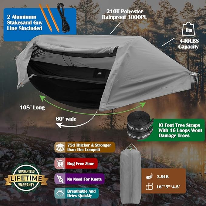 WintMing Hammock with Mosquito Net and Rain Fly Cover 3 in 1 Camping Hammock Tent 440lbs Load