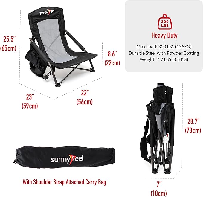 SUNNYFEEL Low Folding Beach Chair for Adults Portable Lightweight Sling Beach Camping Chairs with Cup Holder ArmrestFoldable Camp Lawn Chair for Outdoor Sand Concert Travel Sport Events300LBS