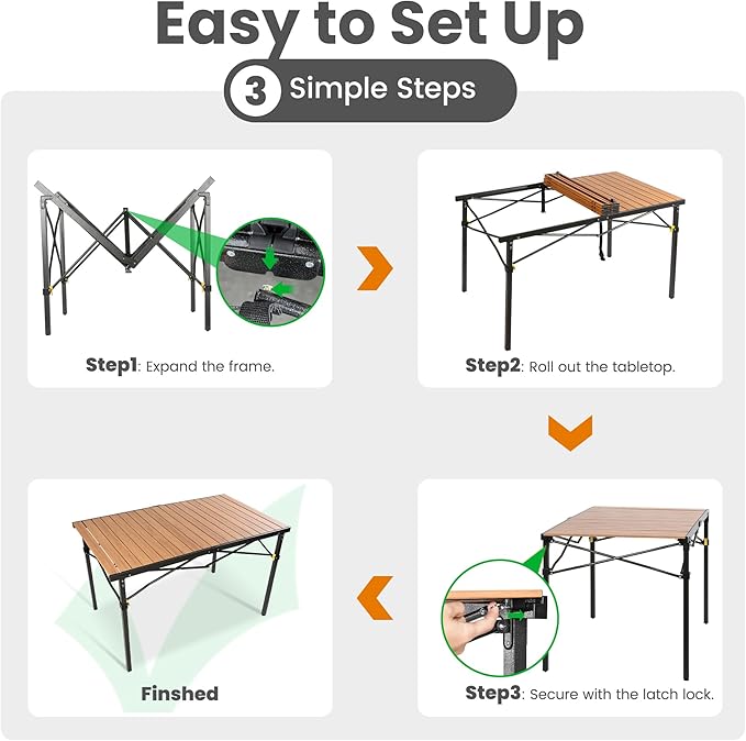 46.4 Large Folding Camping Table for 2-6 People - Heavy Duty Camp Table Foldable with Aluminum Roll-Up Top &amp Carry Bag - 220lbs Capacity Portable for BBQ Tailgating Backyard (Natural)