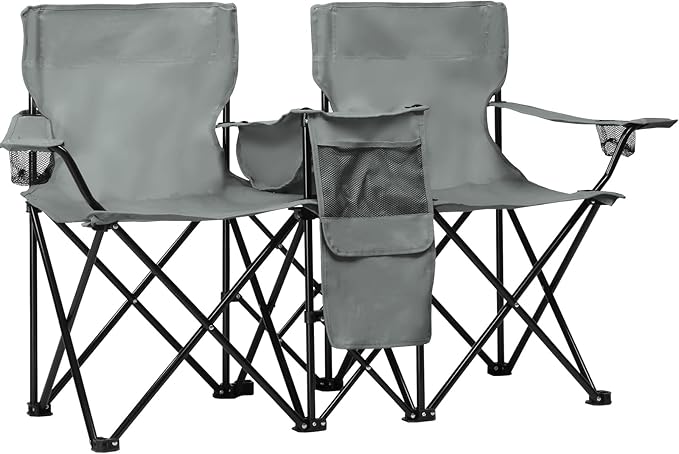 Portable 2-Seat Folding Chair with Removable Sun Umbrella Outdoor Lounge Chair for Fishing Camping Beach Grey