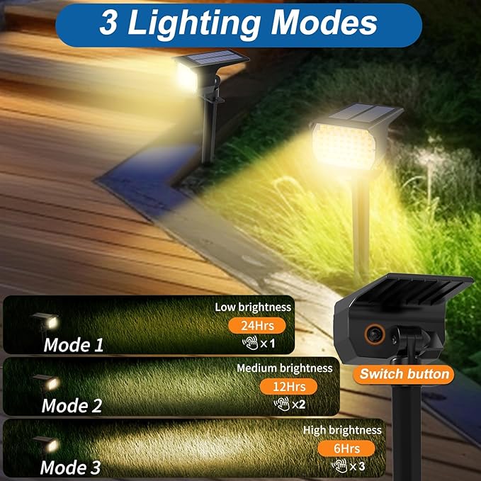 Solar Spot Lights Outdoor Waterproof IP65 12 Pack Landscape Spotlights with 46 LEDs 3 Modes Auto On/Off Solar Powered Flood Lights for Outside Pathway Yard Garden Walkway (Warm White)