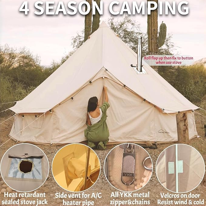 DANCHEL OUTDOOR 4 Season Canvas Yurt Tent with Large Wood Stove Heavy Duty Bell Tent with Stove Jack 4-8 Person Winter Camping Glamping 13ft/16.4ft/20ft