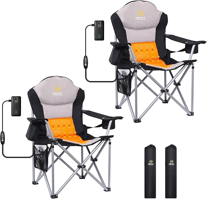 Nice C Heated Camping Chair with Battery Outdoor Sports Heated Chair Heated Camping Chairs for Adults Folding Beach Chair Heavy Duty Cooler Carry Bag 10000mAh Power Bank Included (2 Pack)