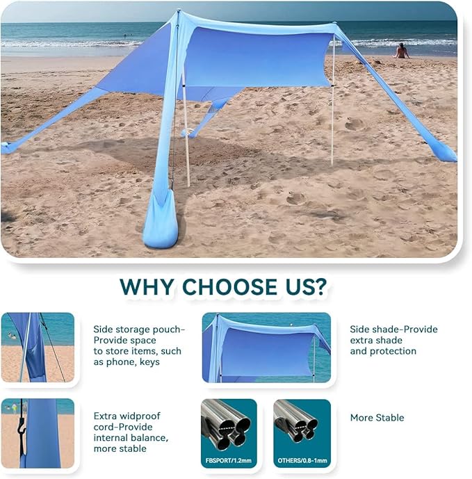 FBSPORT Beach Tent Sun Shelter Portable Beach Shade Canopy UPF50+ with Sandbags for Outdoor Family Camping Fishing Backyard Fun Picnic 7 x 7ft