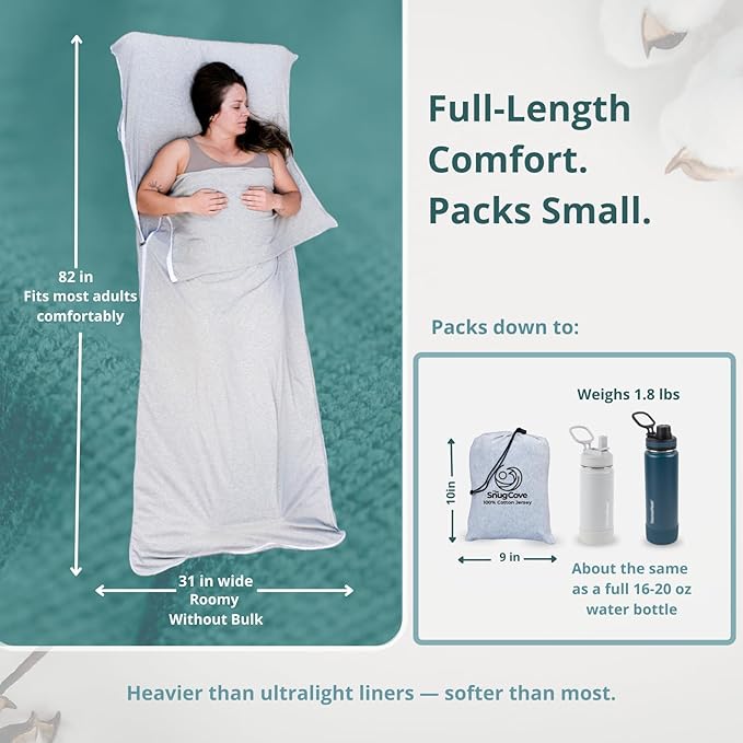Soft Cotton Sleeping Bag Liner – 100% Organic Jersey Cotton Travel Sheet with Full Zipper Lightweight Camping Sheet for Hotel &amp Travel Single or Double Convertible Stretchy Sleep Sack for Adults