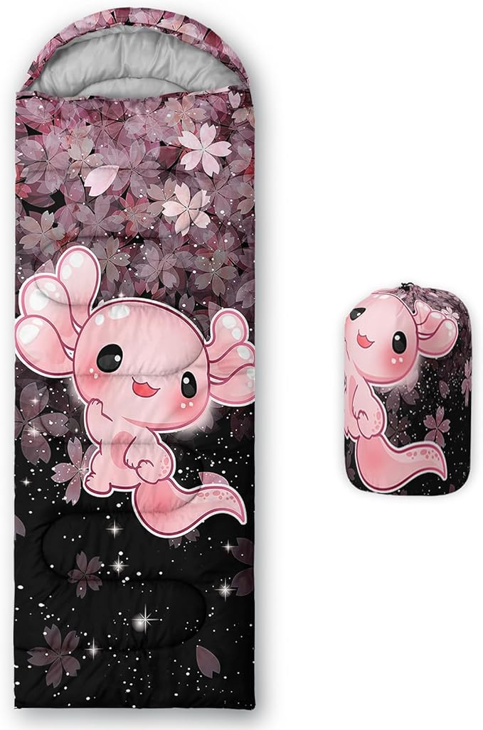 QOOMO Axolotl Cute Camping Sleeping Bags3 Season Warm &amp Cool WeatherLightweightWaterproof Sleeping Bags for Adults &amp KidsTravelingand Outdoors