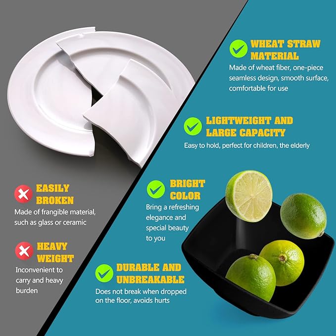 Teivio 16-piece Plastic Wheat Straw Square Dinnerware Set for 4 Unbreakable Dinner Plates Salad Plates Snack Bowls Tumblers 13.5 oz Dishwasher Safe Kitchen Outdoor CampingBlack