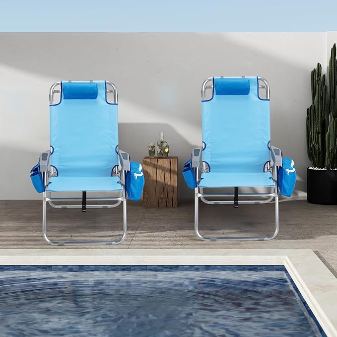 VINGLI 2 Pack Tall Beach Chair 16 with 5-Position Cooler Bag Cup Holders Towel Bar Lightweight Folding Beach Camping Chairs for Adults