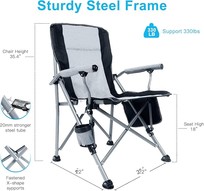 Camping Chair for AdultsPortable Folding Lawn Chair for OutsideHeavy Duty Camping Chair Support up to 330lbsCollapsible Outdoor Chair with Cup Holder(Grey)
