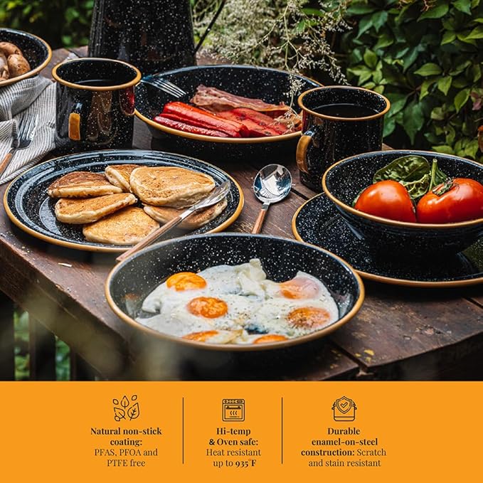 Granite Ware 12-Piece Outdoor Set Enameled Steel Perfect for Camping &amp Picnics - Speckled Black with Color Rim