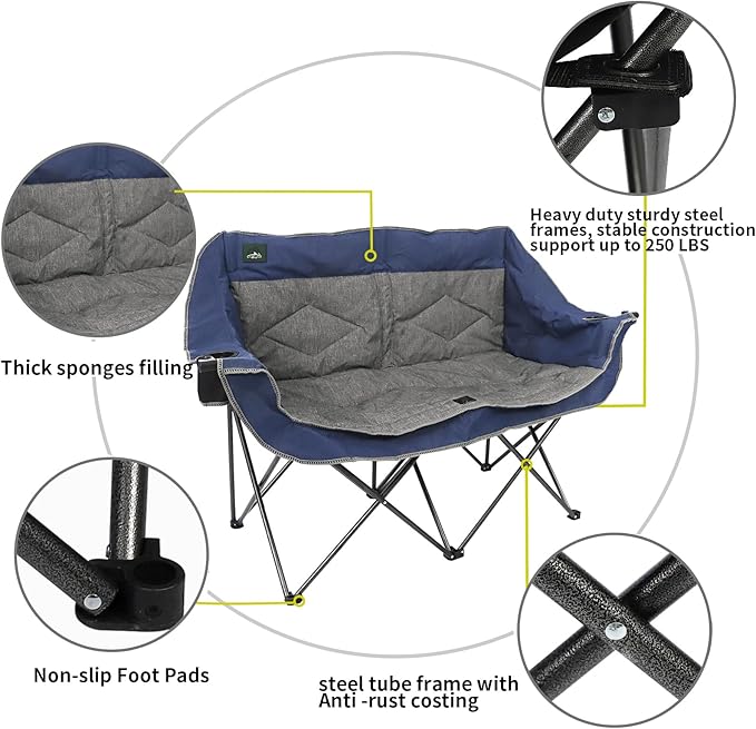 Northroad Folding Loveseat Camping Chair Portable Double Duo Full Padded Garden Chair for 2 Person Sofa w/ 2 Cup HolderWine Glass HolderMesh StorageSupport 500lbs for Picnic Beach Travel(Blue)