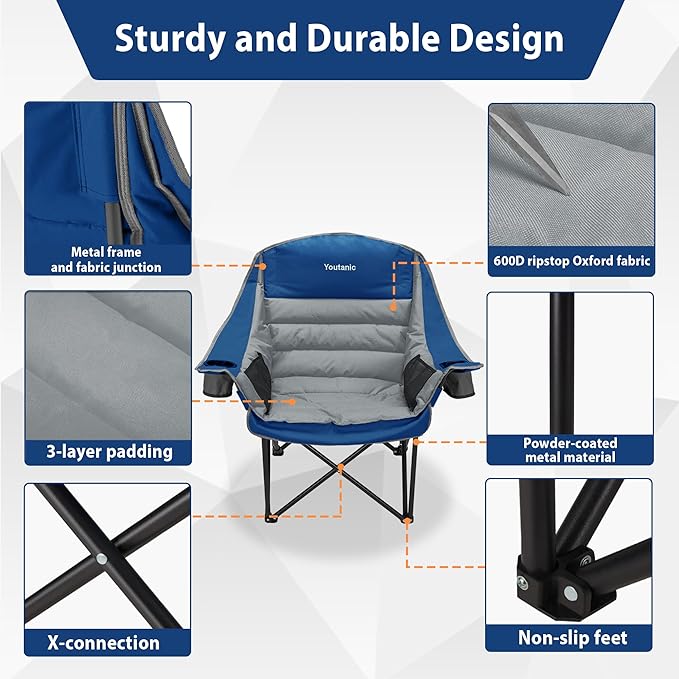 Oversized Camping Chair Portable Folding Camping Chairs with Side Pocket Cup Holder and Carry Bag Heavy Duty Outdoor Camping Chairs for Adults Fishing Sports Trip up to 400lbs Style 6
