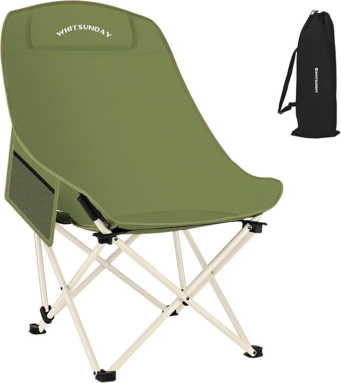 Whitsunday Camping ChairCompact Backpacking Outdoor ChairHigh Back Portable Folding Moon Chair for Heavy PeopleBeach Chair with Side Pocket-Green