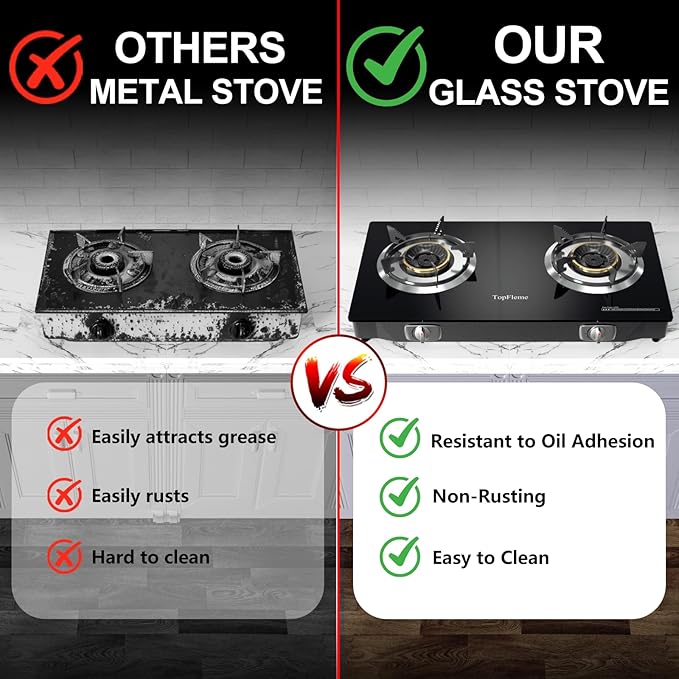 2 Burner Propane Stove 27200 BTU High-Efficiency Tempered Glass Auto-Ignition Gas Burner Stove Top with CSA Hose for Outdoor RV Camping Emergency Cooking