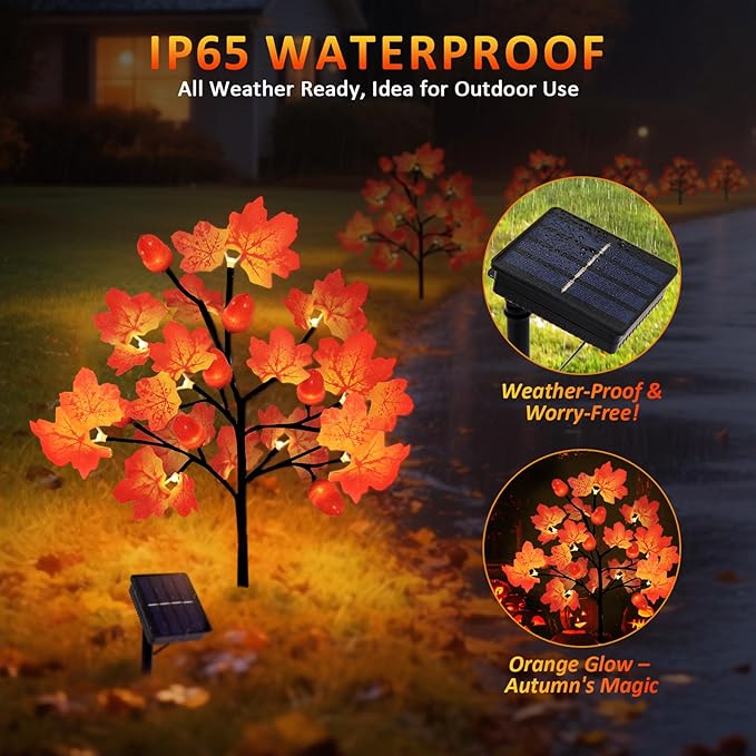 Fall Decorations Outdoor 4-Pack 80LED Maple Leaf Acorn Yard Stake Lights Waterproof Solar Fall Lights Thansgiving Decorations Outdoor for Yard Garden Pathway Harvest Holiday Fall Decor