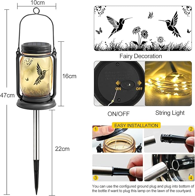 YJFWAL Hummingbird Solar Lanterns Outdoor Waterproof - Birthday Mothers Day Gifts for Women Mom Grandma Mason Jar Garden Lights for Patio Yard Porch Balcony Garden Decor