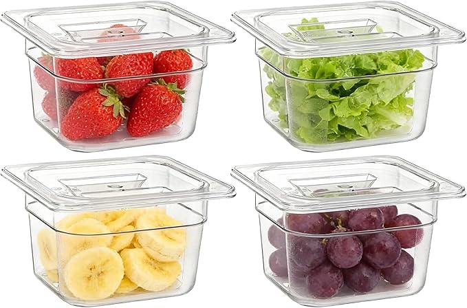 1/6 Size 4 Inch Deep Plastic Food Pan with Lids Commercial and Home Kitchen Clear Polycarbonate Pans Stackable Food Storage Containers for Hotel Home Bar