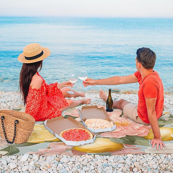 Waterproof Sandproof Beach Blanket 59''×68'' Fruit &amp Flower Polyester Outdoor Picnic Blanket with 4 Stakes &amp Storage Bag for BeachCampingVacation Pink
