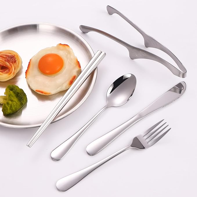 Stainless Steel Outdoor Camping Mess Kits - Includes Forks Spoons Knives Chopsticks Food Clip Plates - Portable Cutlery Bag