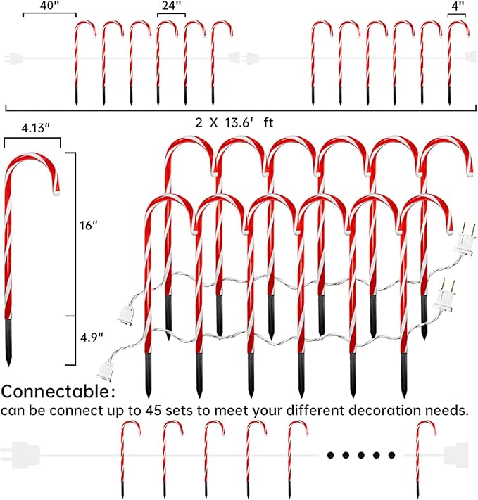 Christmas Candy Cane Lights - 16 inch Set of 12 Pcs Christmas Candy Cane Pathway Markers Lights Outdoor Walkway Lighting with Stakes for Yard Lawn Sidewalk Driveway 20 Feet