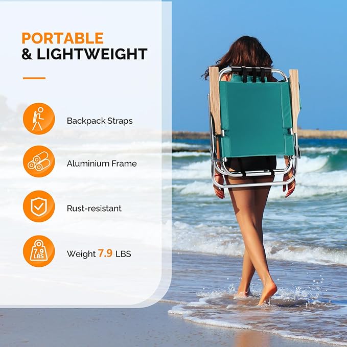 VINGLI Aluminum 13 Backpack Beach Chair – Tall Beach Chairs for Adults Portable with Adjustable Straps 3-Position Reclining Cup Holder High Lightweight Beach Chairs for Beach