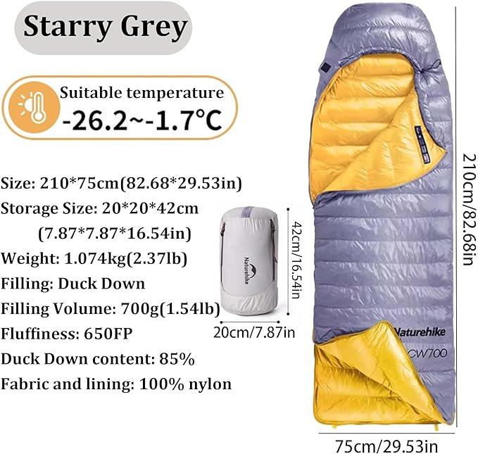 Naturehike CW700[2025 Upgrade] Ultralight Down Sleeping Bag [ -26.2°C~-1.7°C1074g] All Season Camping Sleeping Bags for Cold Weather Adults BackpackingHunting with Storage Bag