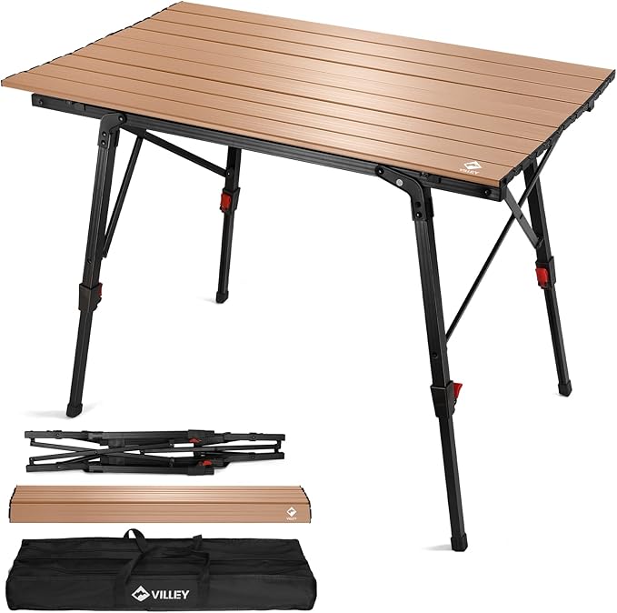 VILLEY Portable Camping Table with Adjustable Legs Lightweight Aluminum Folding Beach Table with Carrying Bag for Outdoor Cooking Picnic Beach Backyards BBQ and Party