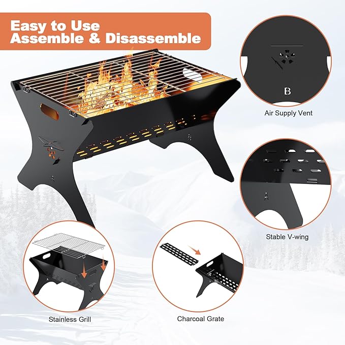 Camping Campfire Grill 16Lx12D Portable Folding Charcoal Grills Backpacking BBQ Grill with Carry Bag Outdoor Fire pit for Camping Picnic Bonfire Patio Backyard