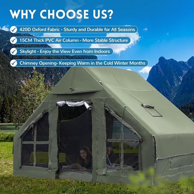 Inflatable Camping Tent with Pump 4 Season Inflatable Tents for Camping Inflatable House Tent Waterproof Easy Setup Glamping Tent