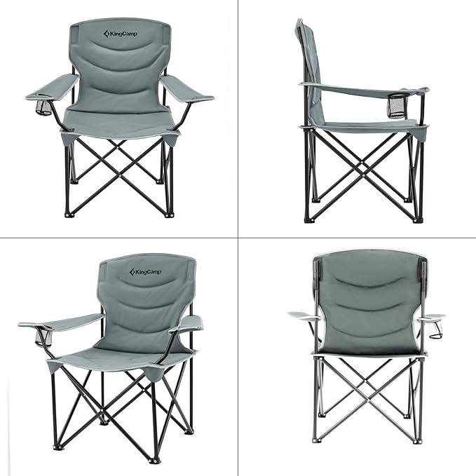 KingCamp Folding Camping Chair Oversized Portable Lawn Chair Padded Quad Chair with Cup Holder and Carry Bag Heavy Duty Supports 300lbs for Outdoor Fishing Picnic Sports Grey
