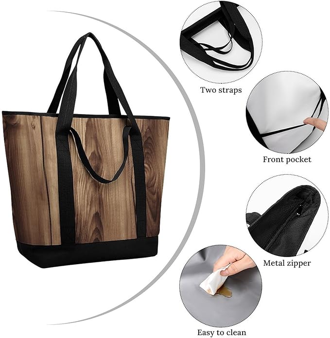 Insulated Shopping BagLarge Reusable Cooler Bags Wood Grain Printed Foldable Shopping BagTravel Waterproof Shoulder Bag