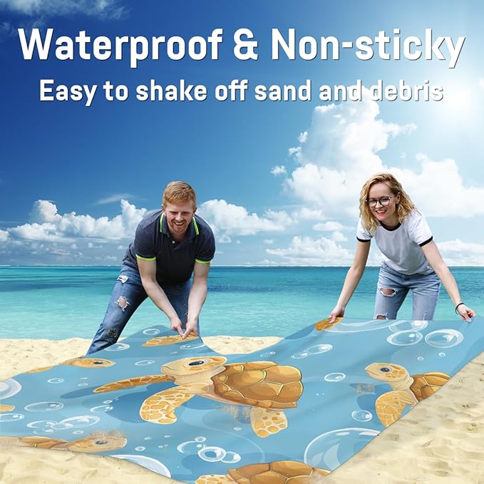 Waterproof Sandproof Beach Blanket 59''×68'' Turtle Polyester Outdoor Picnic Blanket with 4 Stakes &amp Storage Bag for BeachCampingVacation Ginger