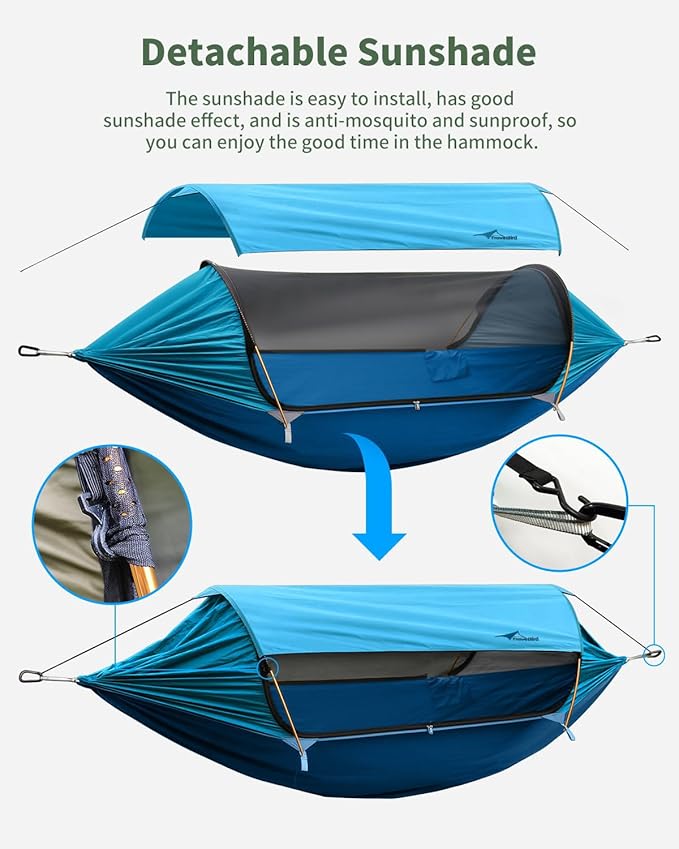 Camping Hammock Tent with Mosquito Net and Removable Sunshade 4 in 1 Function Lightweight Hanging Hammocks Tree Straps Swing Bivvy Ground Tent for Outside Hiking and Travel
