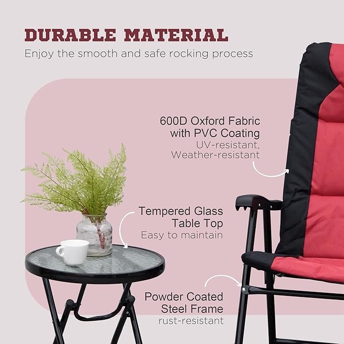 Outsunny 3 Piece Outdoor Patio Furniture Set with Glass Coffee Table &amp 2 Folding Padded Rocking Chairs Bistro Style for Porch Camping Balcony Red