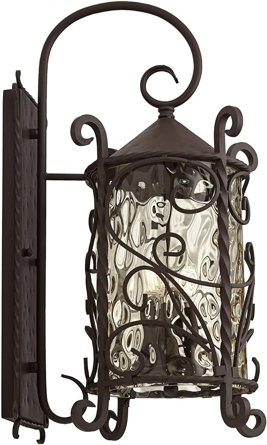John Timberland Casa Seville Rustic Outdoor Wall Light Fixture Lantern Dark Walnut Iron Scroll 23 3/4 Hammered Glass Decor for Exterior House Porch Patio Outside Deck Garage Front Door Home