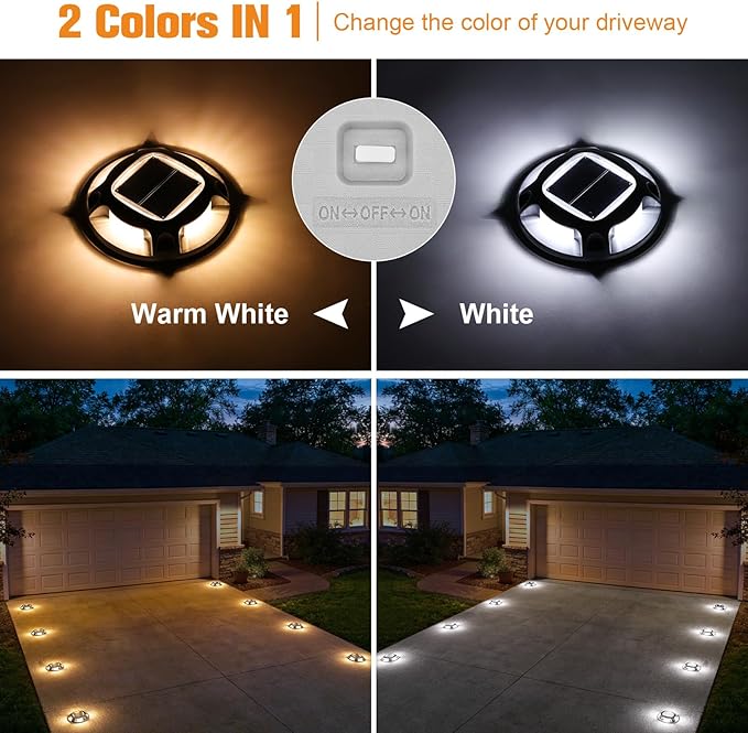 VOLISUN Solar Driveway Lights Dock Marine Lights 12 Pack2 Colors in 1Outdoor IP67 LED Deck LightSolar Powered Waterproof Warning Step Light for Driveway Sidewalk Pathway (White/Warm White)