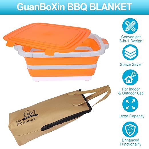 Collapsible Large BBQ Prep Tub &amp BBQ Resting Bag Foldable Cutting Board with Lid BPA Free Silicone Dish Bowl Leak Free Drain Hole for Meal Prep Marinating Food Storage(Orange)