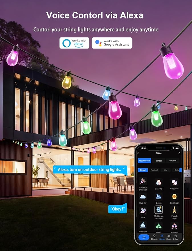 APPECK Outdoor String Lights 50ft Smart RGBW Outdoor Patio Lights with 15 LED Bulbs Extendable 111 Scene Modes IP65 Waterproof Lighting for Outside Dimmable Warm White Compatible with Alexa
