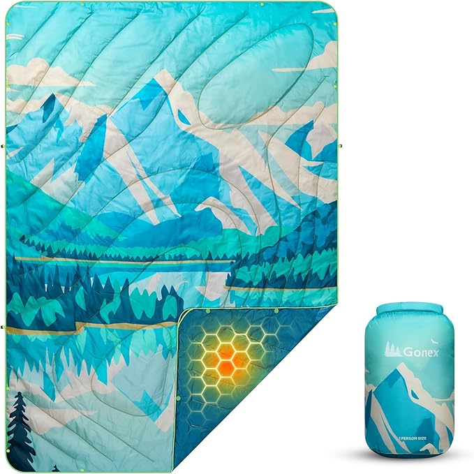 Gonex Camping Blanket with Aero-Warmth Tech Layer Puffy Printed Packable Blanket Ultralight &amp Warm Wearable Water-Resistant Quilt for Outdoor Camping Hiking Travel Picnics 79 X 55 (Iceberg)