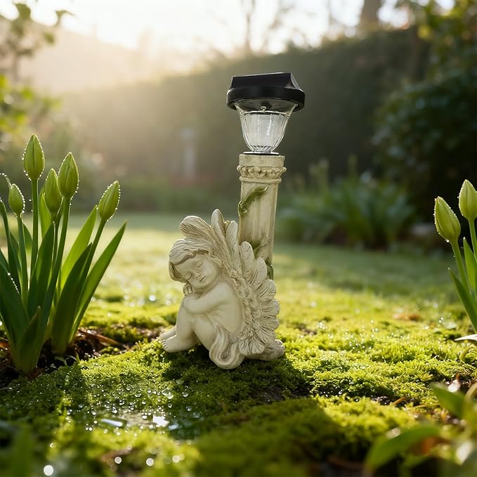 Angel Figurines Outdoor Angel Statues for Garden Solar Statues Outdoor Decorations for Patio Patio Lawn Yard Balcony Garden Mom Gift (White)