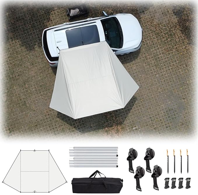 Car Side Awning Tent for Kia Soul 2010-2025 Hatchback 5-Seater Oxford Fabric Camping Vehicle Side Sun Shelter Portable Tailgate ShelterOff White-2m Aluminum Rod Set