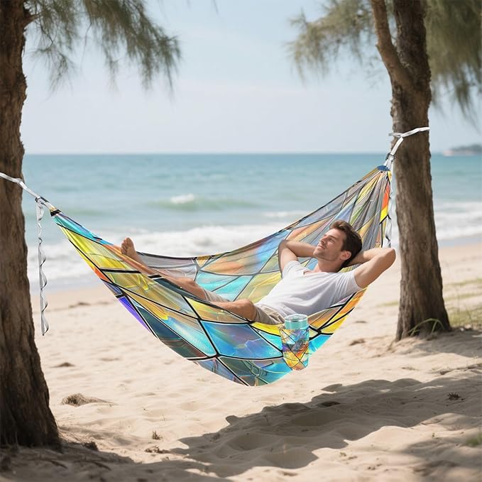YETTASBIN Iridescent Triangles Camping Hammock - 330lbs Lightweight &amp Portable Single or Double Hammock with Tree Straps &amp Carry Bag for Indoor Outdoor Hiking Backpacking Travel Backyard Beach